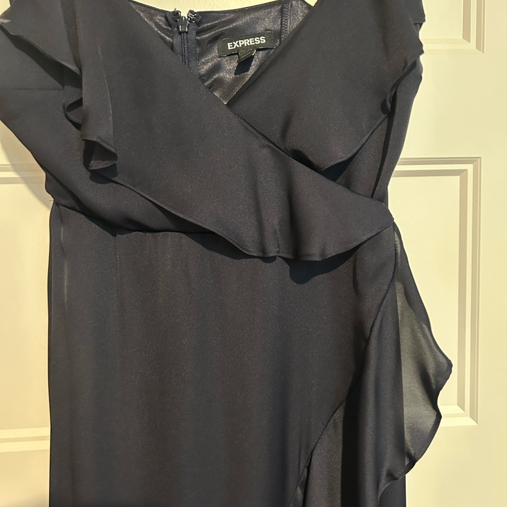 Express Navy Hi-Lo satin ruffle dress